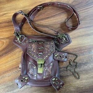 Boho Vegan Faux Leather Studded Embossed Reptile Crossbody Fanny Sling Bag Brown